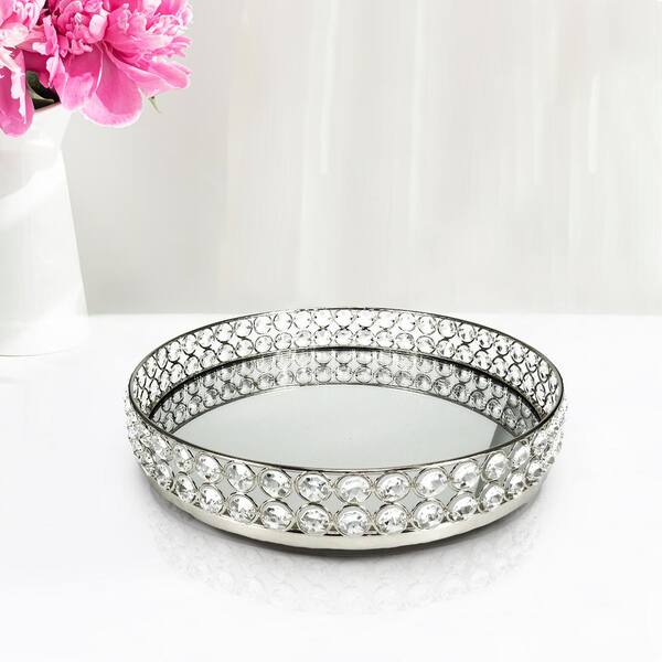 12 in. Silver Luxury Crystal Bead Round Metal Mirror Silver Decorative