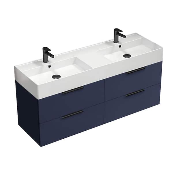 Nameeks Derin 55.51 in. W x 18.11 in. D x 25.2 in. H Modern Wall Mounted Bathroom Vanity in Night Blue with White Ceramic Top