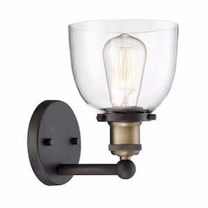 5.9 in. Evelyn 1-Light Bronze Industrial Wall Mount Sconce Light with Clear Glass Shade