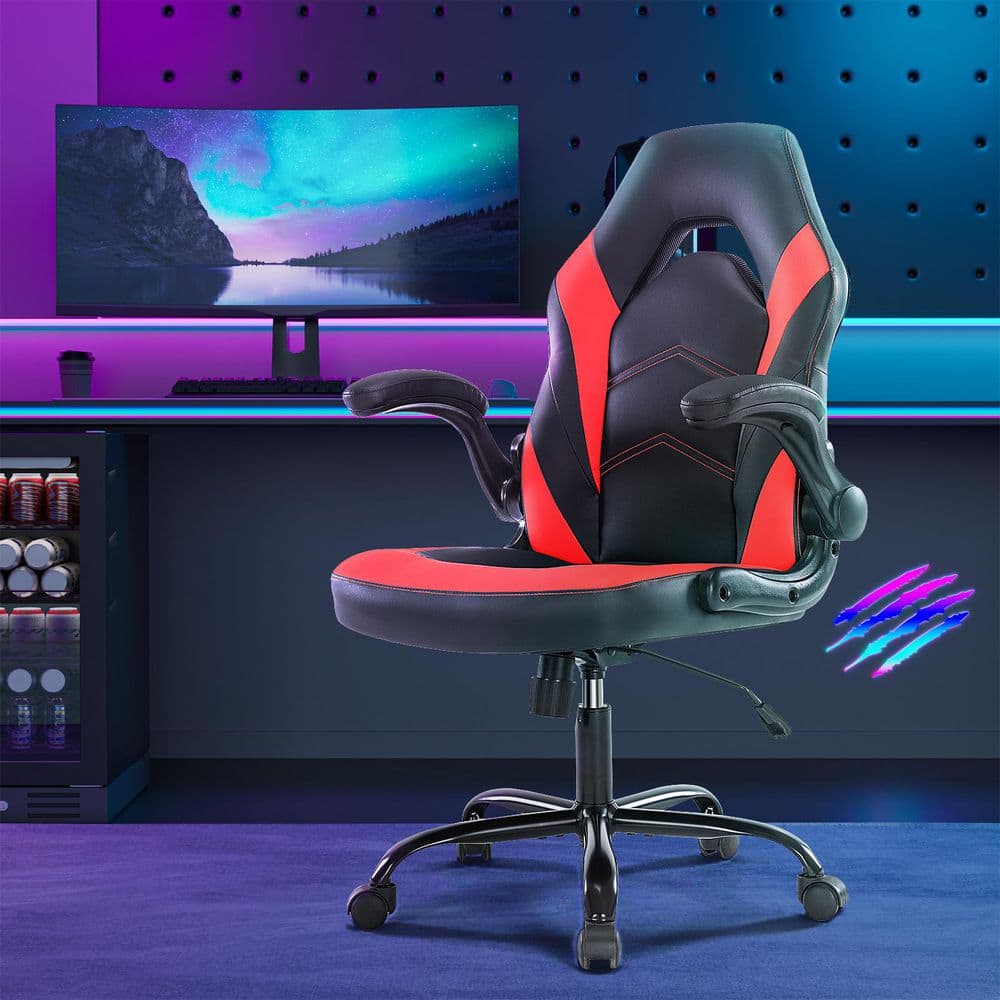 Red S-Shaped Upholstery Backrest Ergonomic Gaming Chair w/ Flip-Up Armrests,Strong Metal Base and 3D Adjustable Height