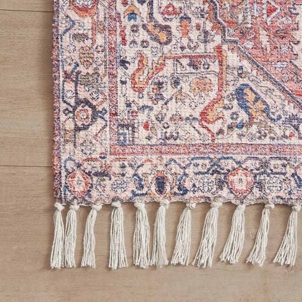Chinille Fringe Machine Washable Blue/Red 2 ft. x 4 ft. Medallion Accent Area Rug