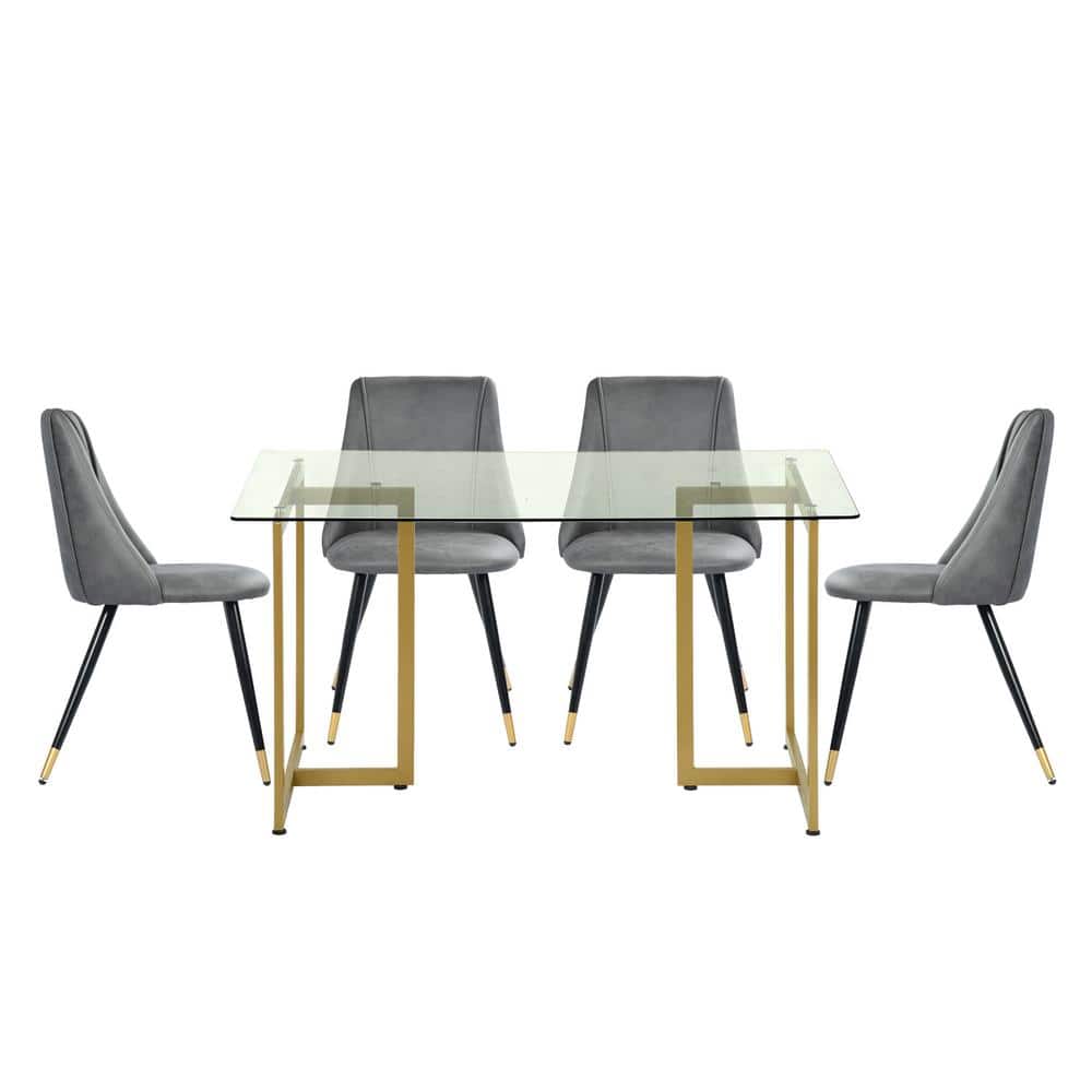 Homy Casa Slip Smeg Charcoal Grey 5-Pcs Dining Set with Glass Top Gold Leg Table Faux Leather Upholstered Chairs, Charcoal Leathaire