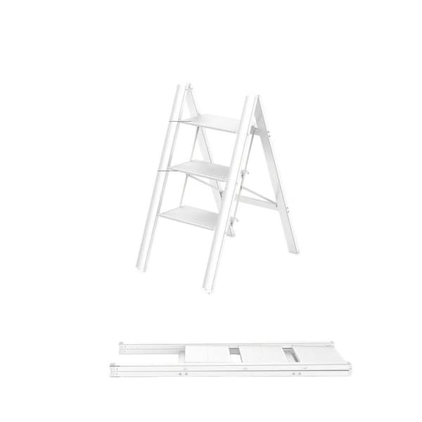 Reach 32 ft. H, 3 Step Ladder Aluminum Foldable Step Stool Anti-Slip Pedals Lightweight Portable 300 lbs. Capacity White