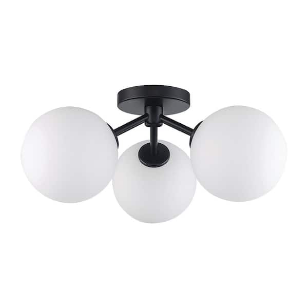 17.63 in. 3-Light Black Flush Mount Ceiling Light with Opal Glass Globe Shades