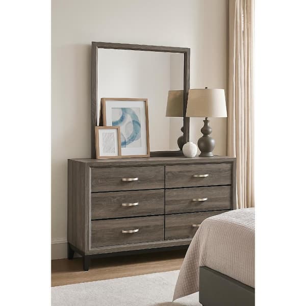 Mela Gray Oak and Black 6-Drawer 16.25 in. Dresser with Mirror