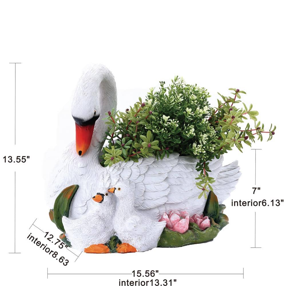 White Resin Swan Family Planter with Multicolor Accents
