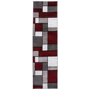 Contemporary Geometric Boxes Red Runner Rug 2 ft. x 7 ft. 2 in.