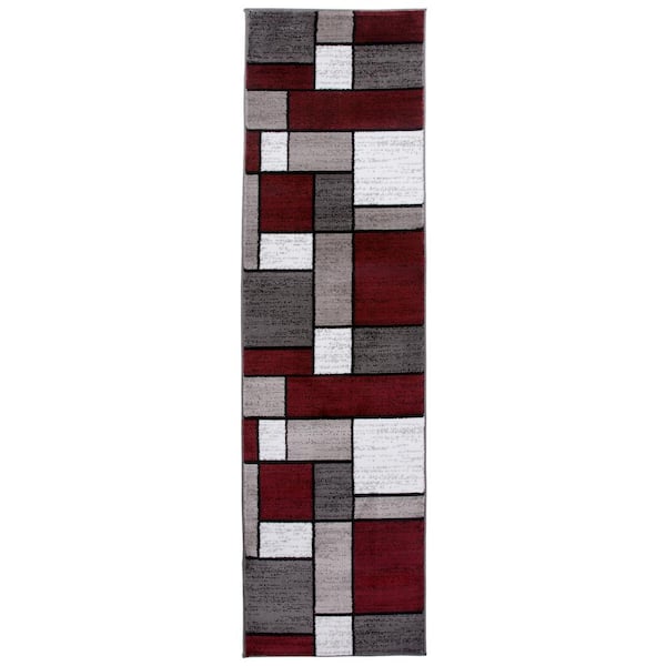 World Rug Gallery Contemporary Geometric Boxes Red Runner Rug 2 ft. x 7 ft. 2 in.