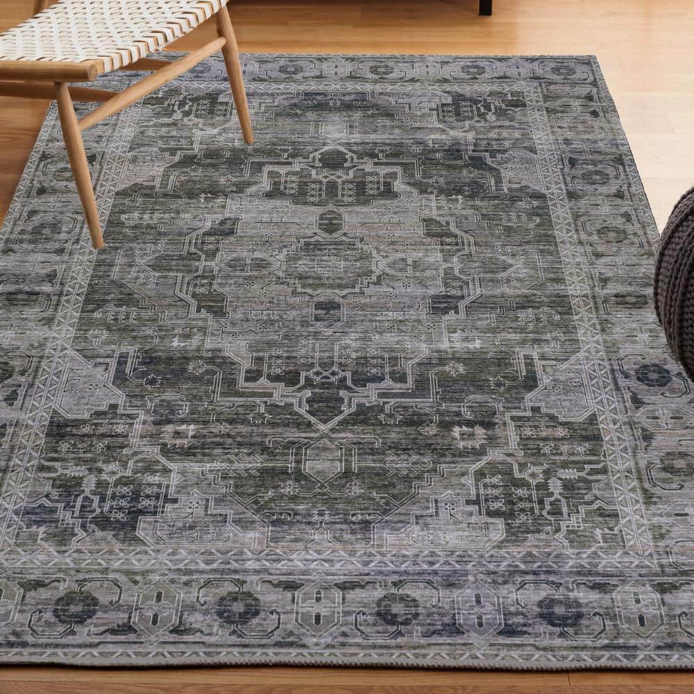 Alanya Dark Green and Gray Medallion Washable 8' x 10' Area Rug