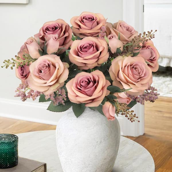 LIVING LUXURY 18 in. Rose Cafe Artificial Rustic Rose Flower Stem Bush Bouquet (Set of 2)