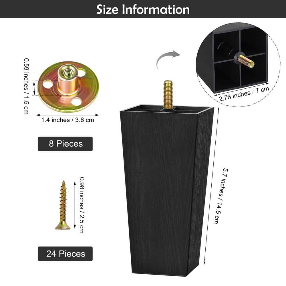 Black 5.7 Inch Plastic Tapered Furniture Legs with Screws