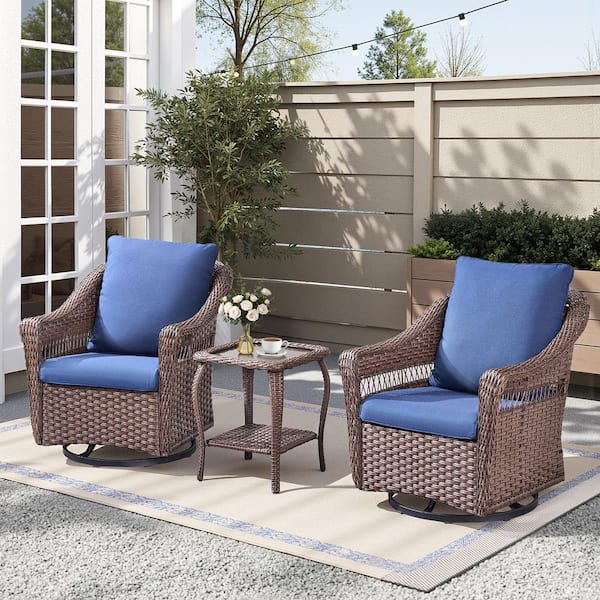 3-Piece Swivel Brown Wicker Outdoor Bistro Set with Side Table, Patio Rocking Glider Chair Set with Blue Cushions