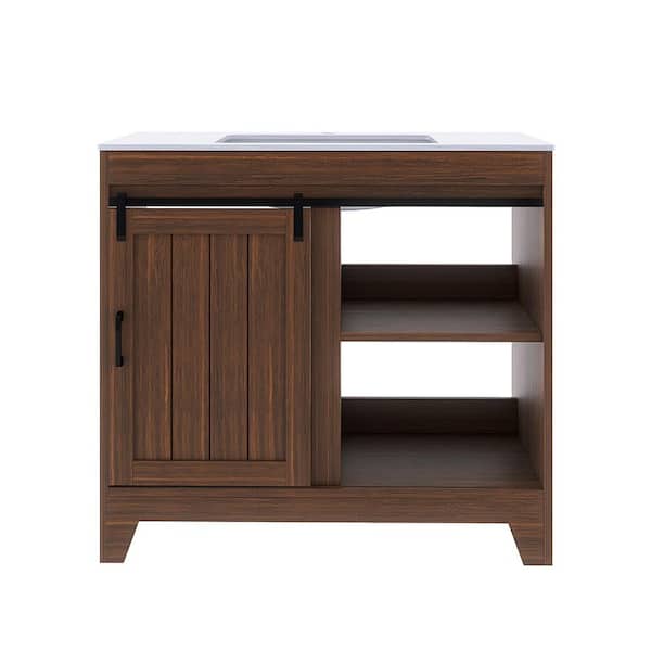 JimsMaison 36 in. Freestanding Walnut Bath Vanity with White Sintered Stone Top