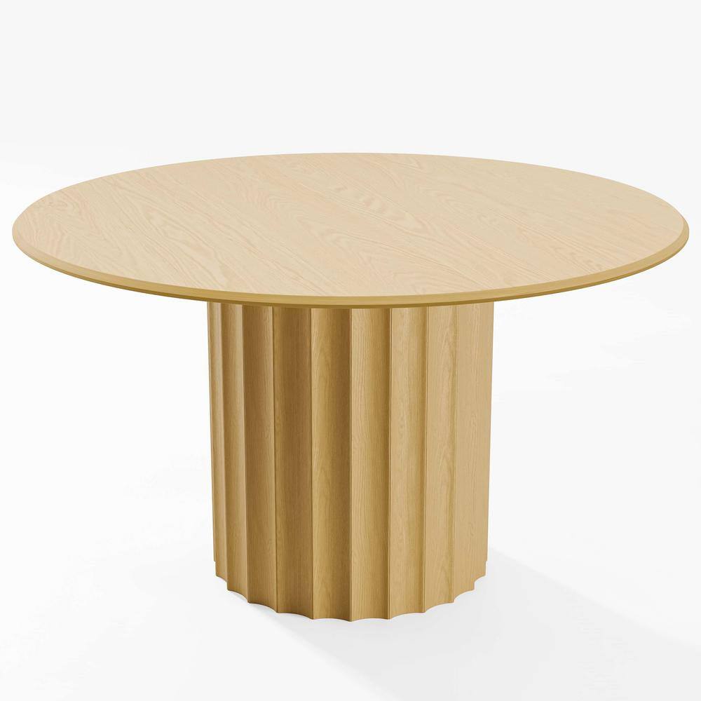 52 in. Natural Oak Wood Color Column Pedestal Round Kitchen Table Dining Table Seats 4