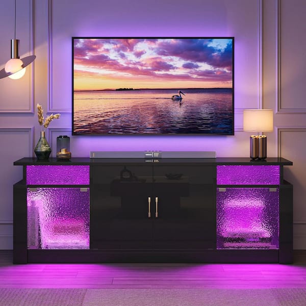 63 in. Glossy Black Stone Grain TV Stand Fits TV Up to 32 to 70 in. Entertainment Center with Cabinet LED Light