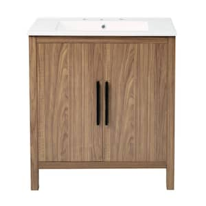 29.92 in. W x 18.35 in. D x 33.86 in. H Single Sink Freestanding Bath Vanity in Brown with White Ceramic Top and Storage