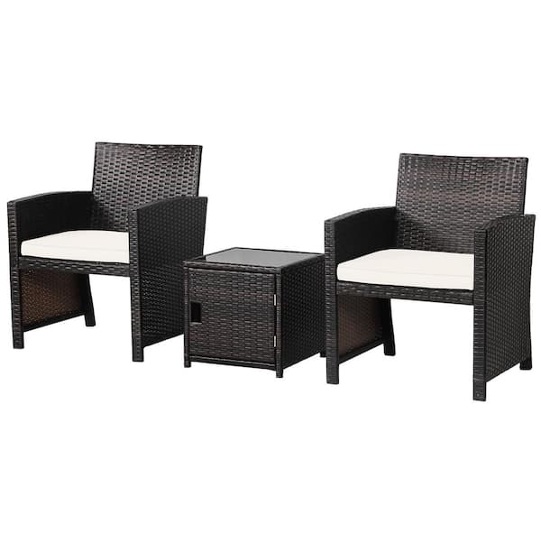 Liviza 3-Piece Wicker Patio Conversation Set with Beige Cushions and Storage Table