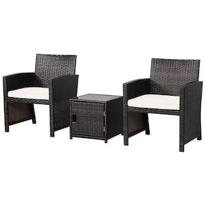 3-Piece Wicker Patio Conversation Set with Beige Cushions and Storage Table