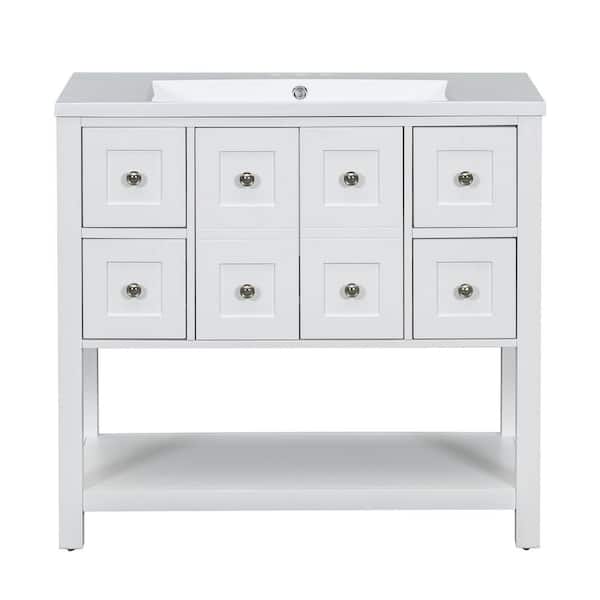 Aoibox 36 in. W x 18 in. D x 34 in. H Freestanding Bath Vanity in White with Resin Top Undermount Sink,4 Drawers,2 Door, Shelf