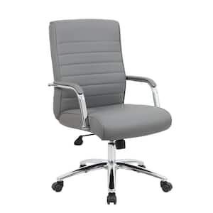 High Back Desk Chair Grey Vinyl Chrome Frame and Base Ribbed Styling Cushion Padded Arms Pnuematic Lift