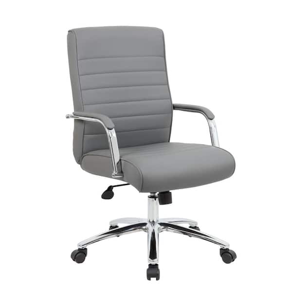 BOSS Office Products High Back Desk Chair Grey Vinyl Chrome Frame and Base  Ribbed Styling Cushion Padded Arms Pnuematic Lift B696CRB-GY - The Home  Depot