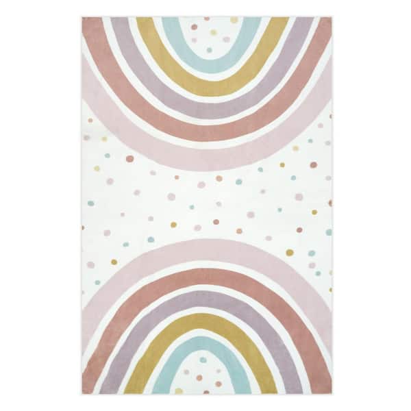 Rainbow Polka Dot Washable Non-Slip Gray 4 ft. x 6 ft. Kid Area Rug