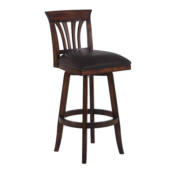 Armen Living Madison 30 in. Brown Faux Leather and Pecan Wood Finish Swivel Bar Stool