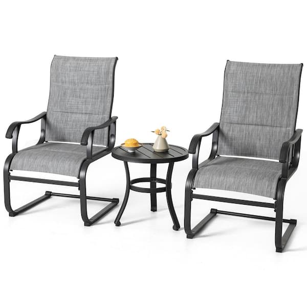 Light Gray and Black 3-Piece Textilene and Iron Metal Outdoor Bistro Set with C-Spring Motion