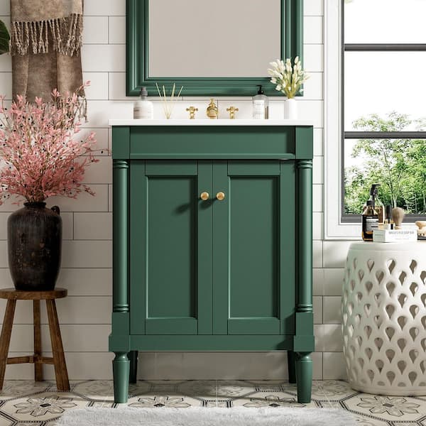 Ziyudura 24 in. Single Sink Freestanding Green Bath Vanity with White Ceramic Top, Solid Wood Frame, Ample Storage Space