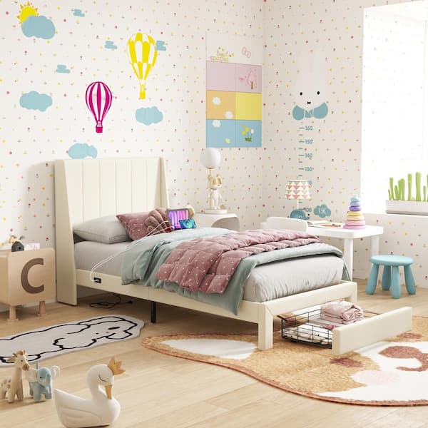 Homy Casa SUM Twin Size Beige Platform Bed Frame with Storage Drawers, Wood Platform Bed for Kids, No Box Spring Needed