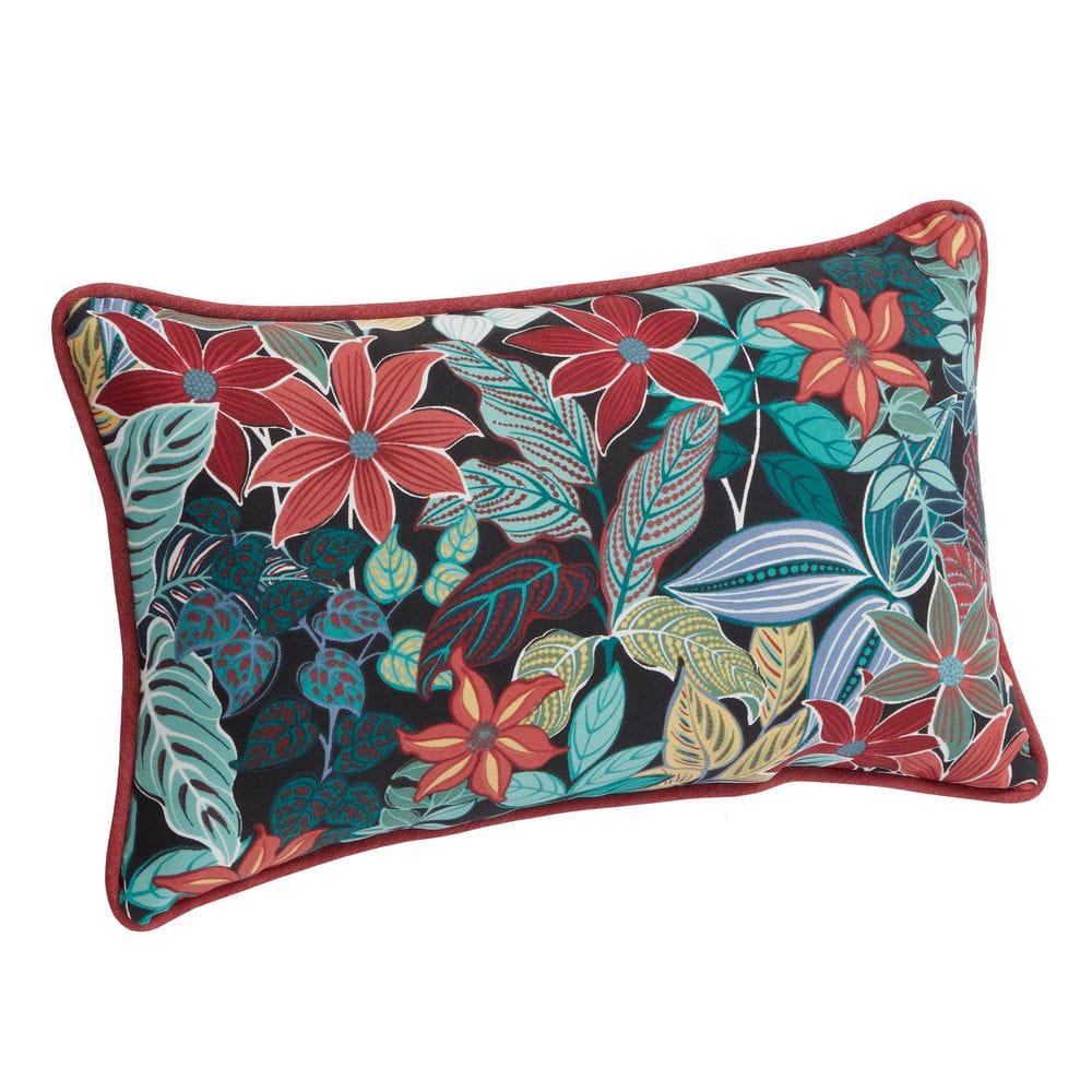 Hampton Bay - 20 in. x 12 in. Outdoor Patio Lumbar Pillow in Black Tropical