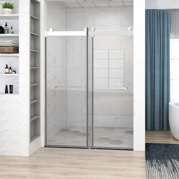 72 in. W x 76 in. H Freestanding Double Sliding Frameless Enclosure Alcove Shower Doors in Brushed Nickel