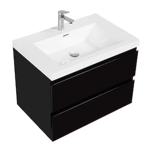 30 in. W x 20 in. D x 22 in. H Wall-Mounted Bath Vanity in Black with Glossy White Cultured Marble Top