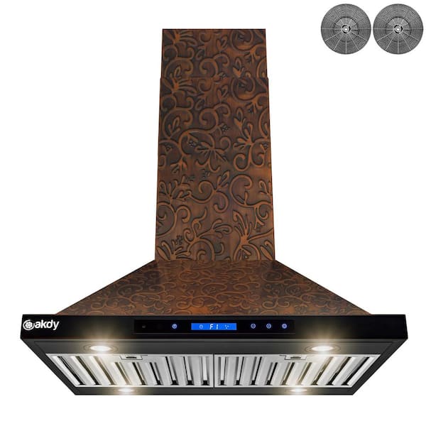 AKDY 30 in. 343 CFM Convertible Island Mount Range Hood with LED Lights in Embossed Copper Vine Design with Carbon Filters