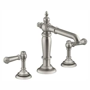 Artifacts 8 in. Widespread 2-Handle Column Design Bathroom Faucet in Vibrant Brushed Nickel with Lever Handles