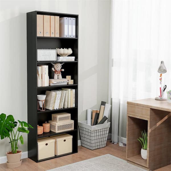 70 in. Tall Black Wood 6-Tier Bookcase with 6-Open Shelves Anti-Toppling Kits for Living Room