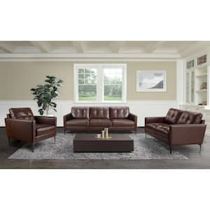Torrie 89 in. Slope Arm Leather Rectangle Sofa in. Brown with Loveseat and Chair