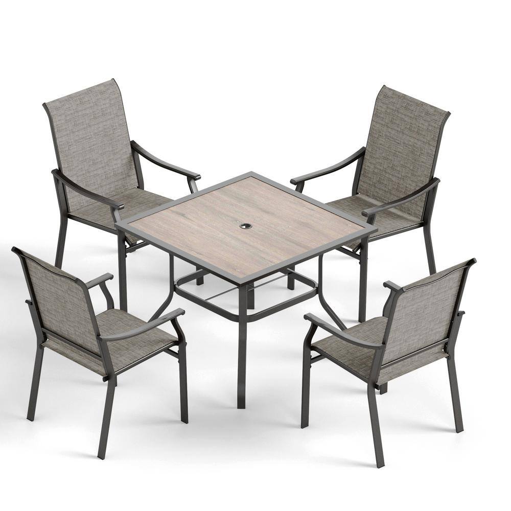 PHI VILLA Black 5Piece Metal WoodLook Square Table Outdoor Patio