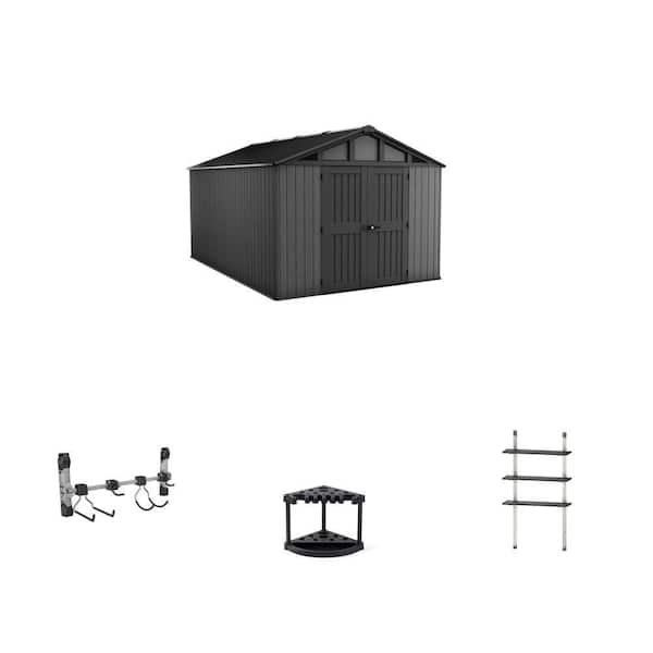 10 ft. x 15 ft. Resin Shed with Floor, Shed Hook Hanger, 22 in. Tool Rack and 12 in. Adjustable Shelve Kit Combo