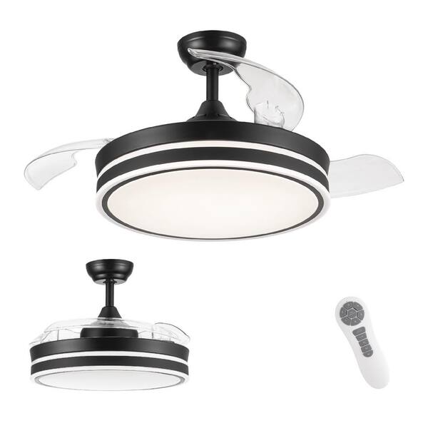 PUDO 42 In. Retractable Integrated LED Indoor Black Ceiling Fan Lighting with 3 Blades