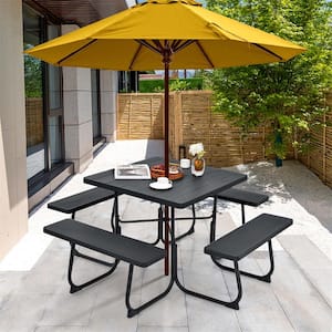 67 in. Black Square Metal Picnic Table Set 8-Person with 4 Benches and Umbrella Hole