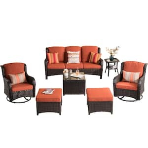 Maroon Lake Brown 7-Piece Wicker Patio Conversation Seating Sofa Set with Orange Red Cushions and Swivel Rocking Chairs