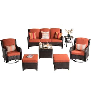 Moonlight Brown 7-Piece Wicker Patio Conversation Seating Sofa Set with Orange Red Cushions and Swivel Rocking Chairs