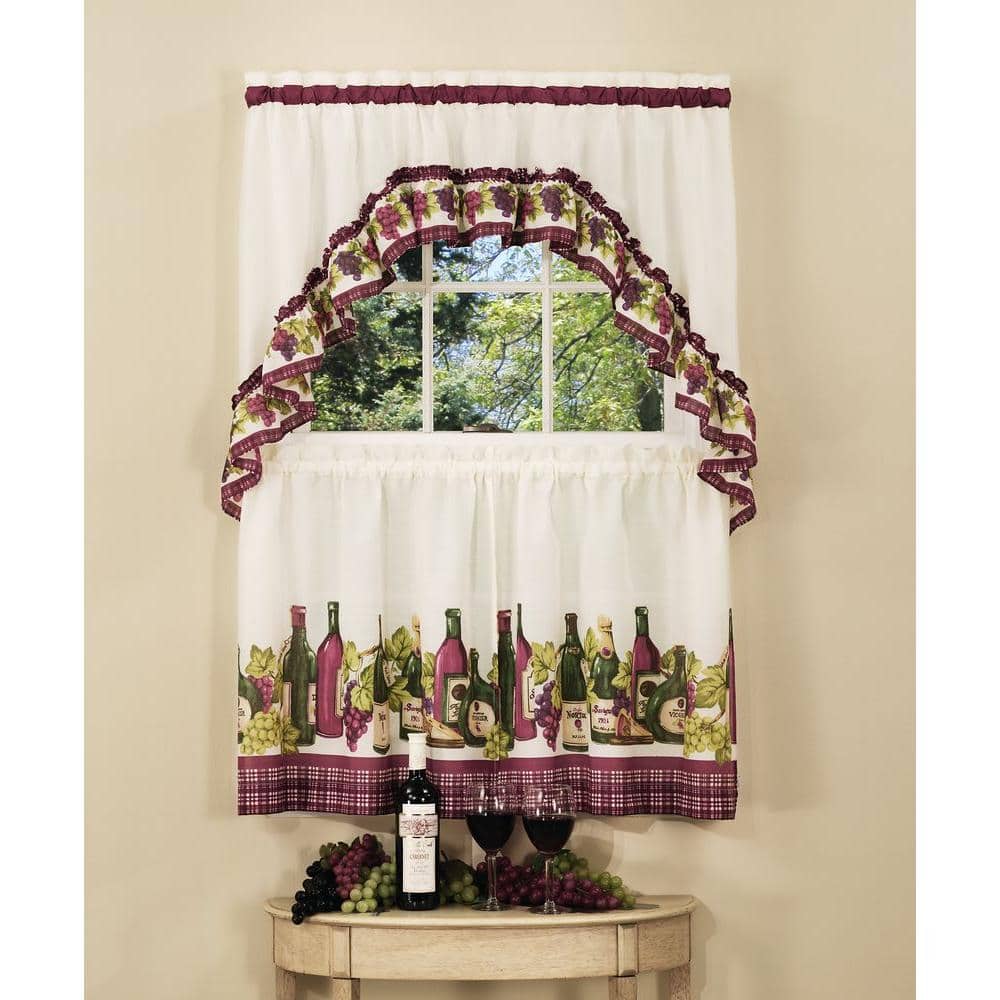Ivory and Wine Cotton Polyester Tier Curtain Set with Rod Pocket