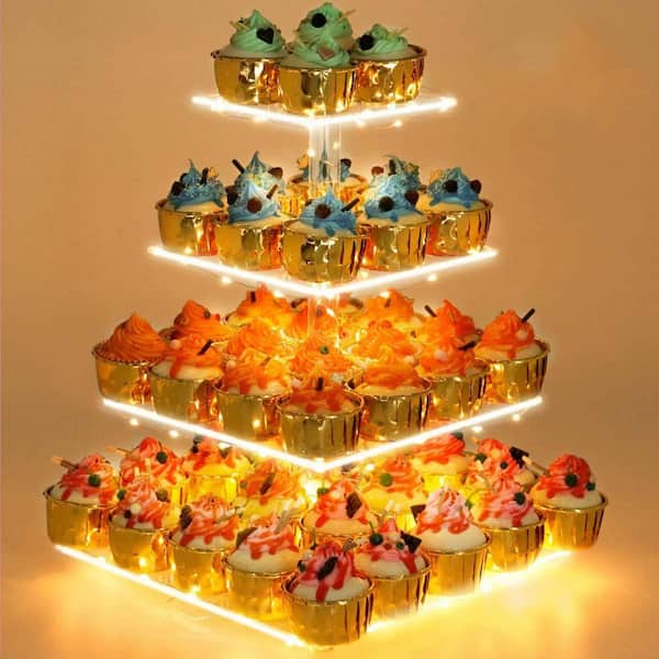 4-Tier Yellow Light Cake Stand, Acrylic Tower Display with LED Light, Dessert Tree Tower for Birthday, Weddings, Parties