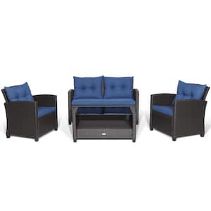 4-Piece Wicker Patio Conversation Set Chair Coffee Table Classic Furniture Set with Navy Cushions