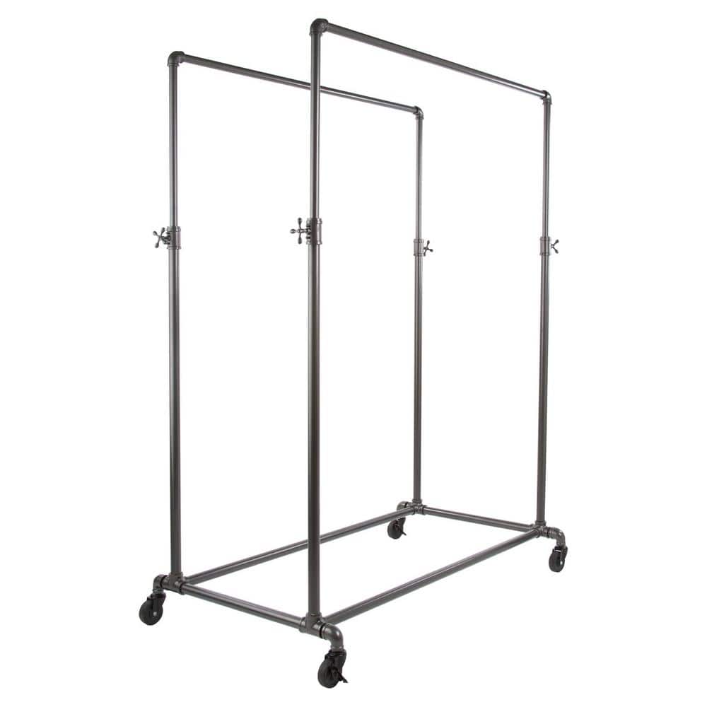 Pipeline Gray Metal Adjustable Double Bar Rolling Clothes Rack 50 in. W x 7