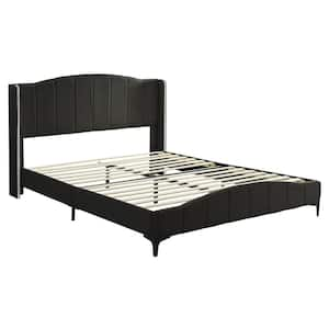 Black Wood Frame Queen Size PU Leather Upholstered Platform Bed with Wingback Headboard and Metal Bar Accents