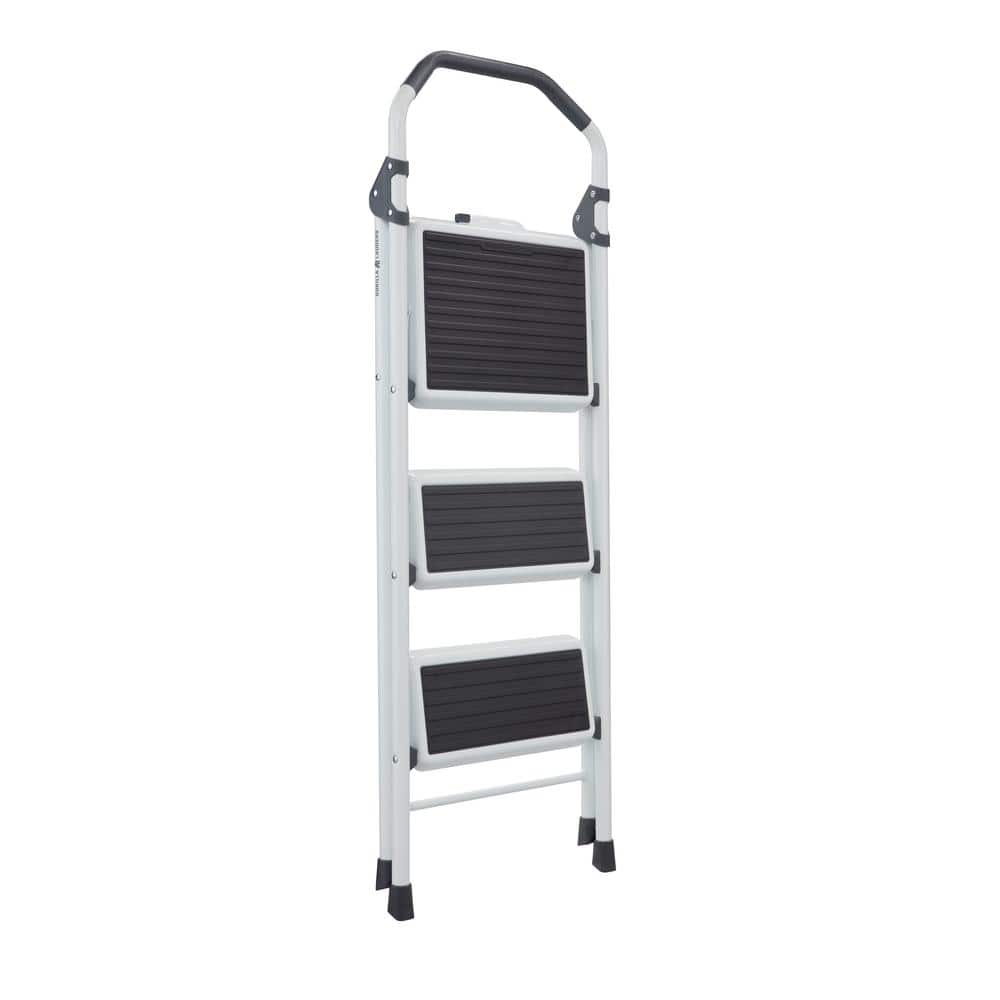 3-Step White and Black Foldable Steel Step Stool Ladder