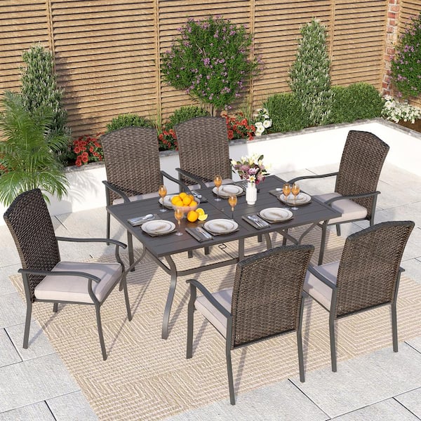 PHI VILLA Black 7-Piece Metal Patio Outdoor Dining Set with Slat Table and Rattan Chairs with Beige Cushion
